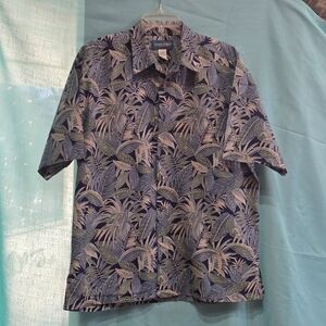 Cook Street Honolulu Hawaiian Short Sleeve Shirt Blue/Green, Palm Fronds Vintage